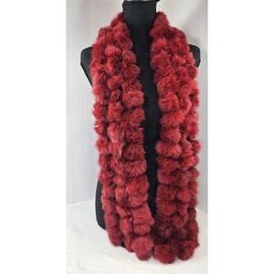 Women's Cejon Deep Dark Red Rabbit Fur Ball Scarf 60" Long Beautiful